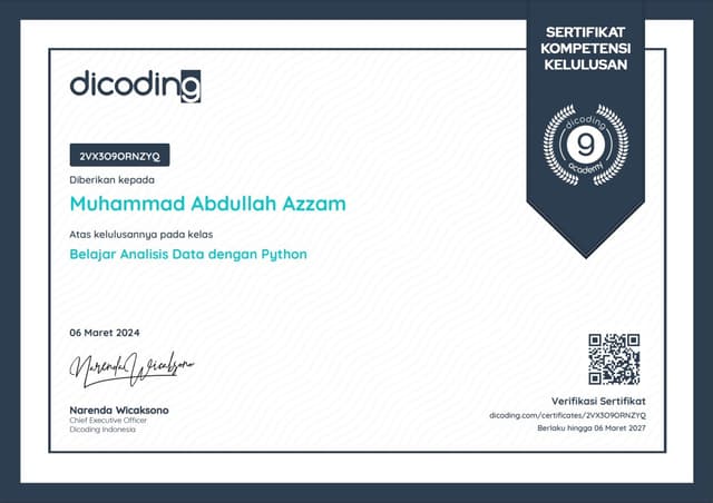 Learn Data Analysis with Python (ID-EN) certificate